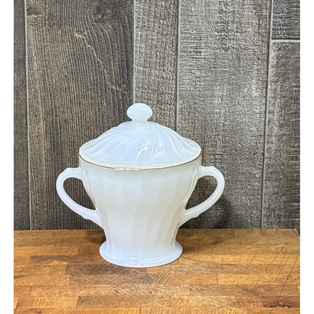 Vintage Anchor Hocking Milk Glass Sugar Bowl Lid Gold Trim Heat Resistant #13